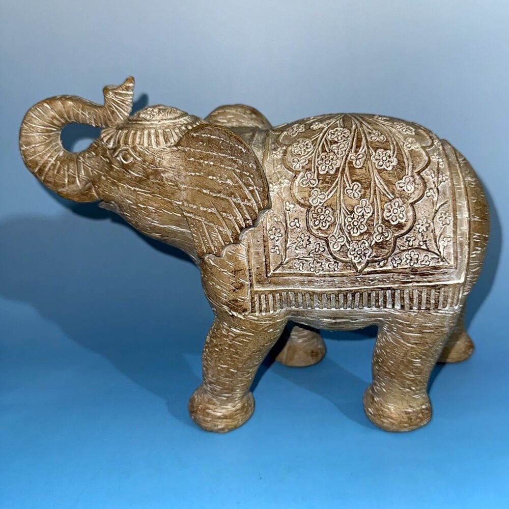 Decorative Carved Floral Elephant Figurine Statue with Raised Trunk